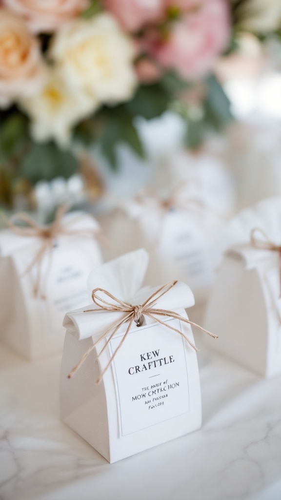 Cadeaux invités élégants en boîte avec étiquettes personnalisées