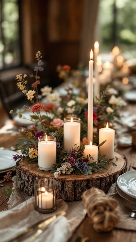 Centre de table en bois avec des fleurs et des bougies
