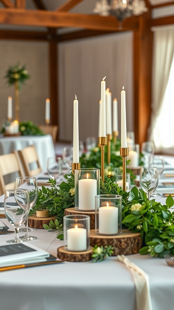 Centres de table en bois naturel avec bougies et verdure pour un mariage bohème chic.