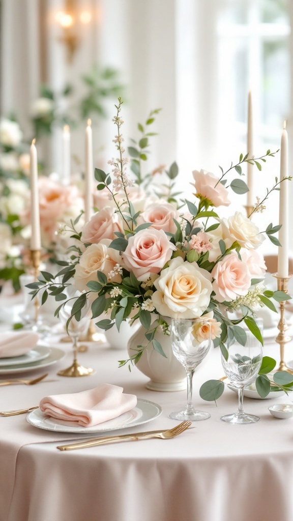 Centres de table floraux avec des roses pastel et des bougies