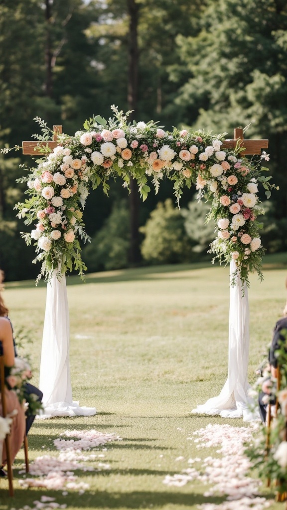 Arche florale décorée pour une cérémonie de mariage en plein air