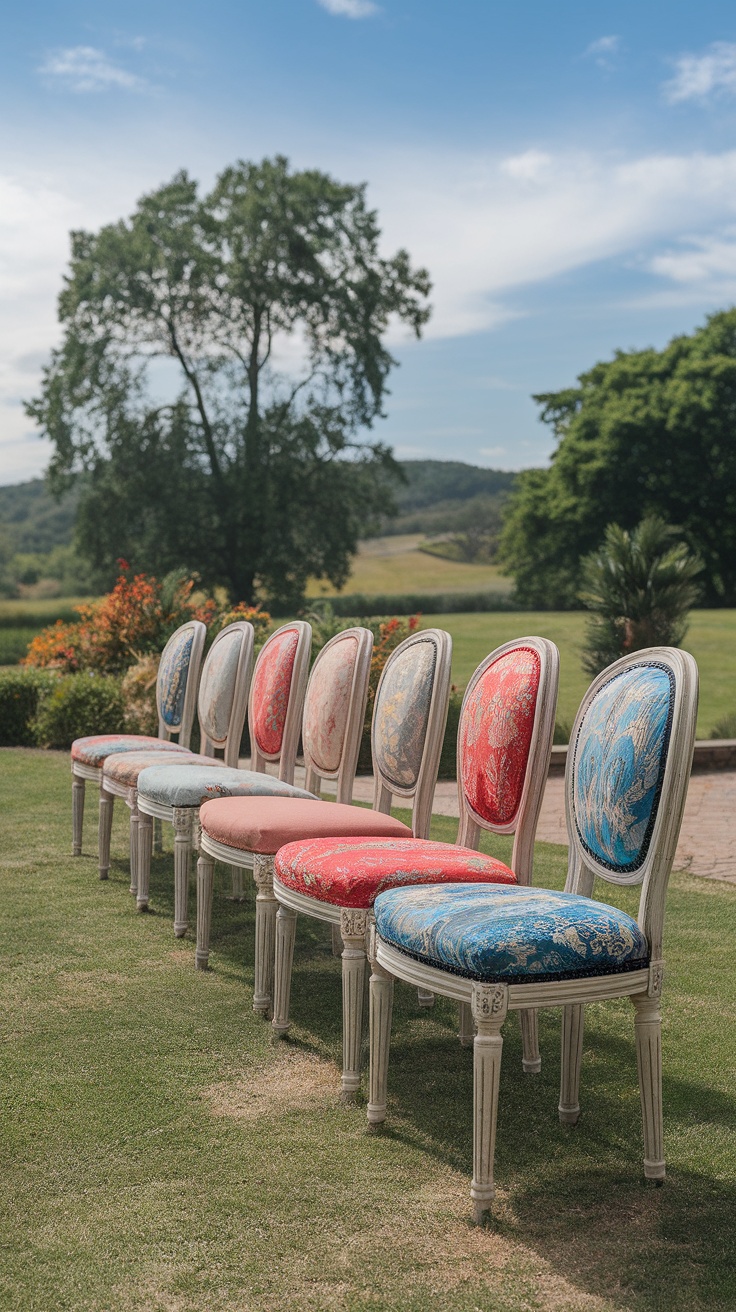 Chaises vintage avec des coussins colorés dans un cadre de mariage