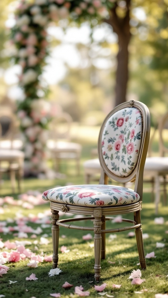 Chaise vintage avec coussins floraux dans un cadre de mariage champêtre