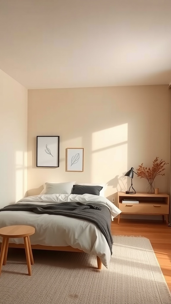 Chambre minimaliste avec des murs beiges, un lit confortable et des décorations simples.
