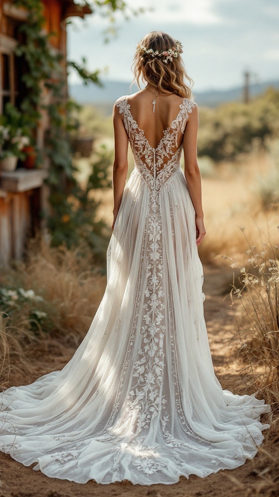 A bohemian wedding dress with intricate lace details and a flowing train