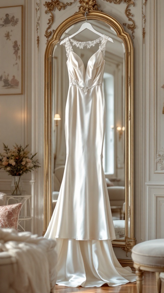 A classic satin sheath wedding dress hanging in front of a mirror