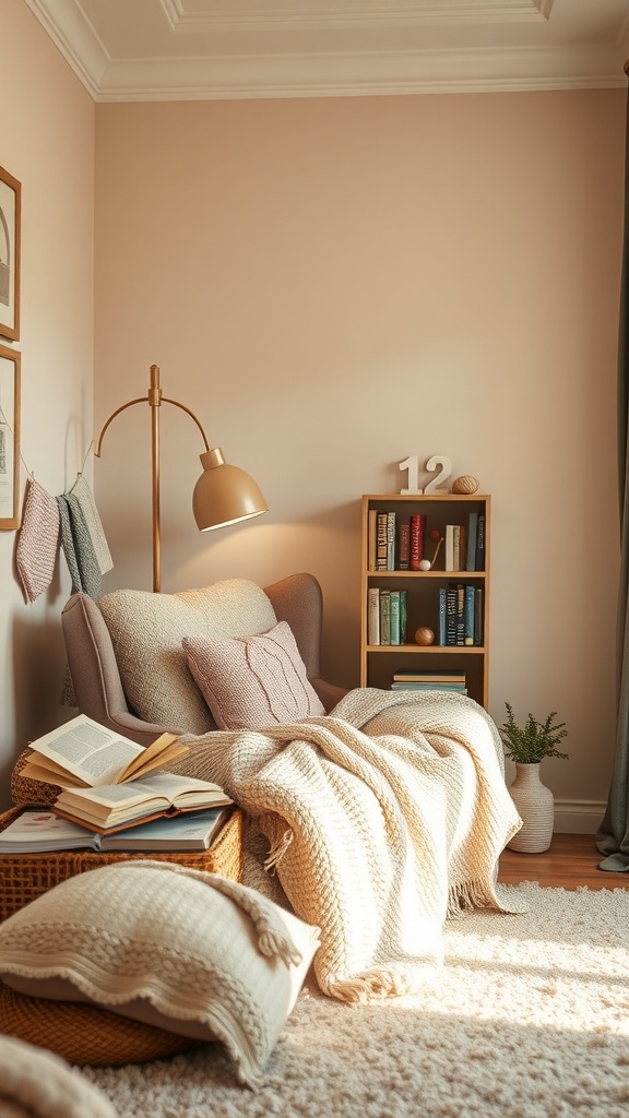 Un coin lecture beige avec une chaise confortable, des coussins et une lampe.