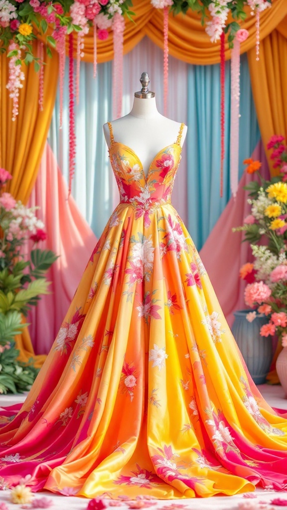 A colorful wedding dress featuring floral patterns in yellow and pink shades.