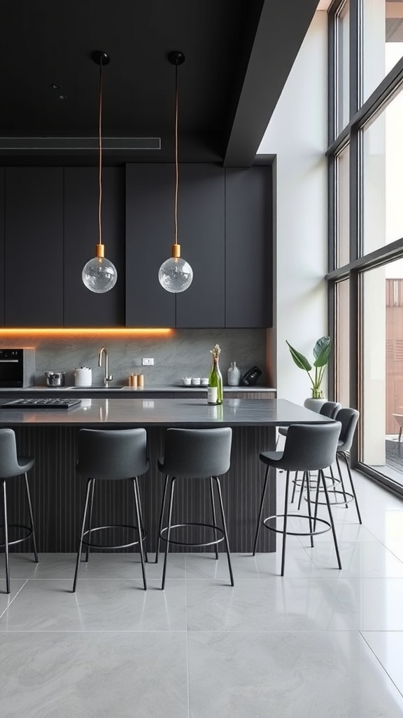 Modern kitchen with contemporary bar seating and elegant lighting.