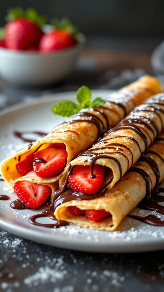 Crêpes sucrées avec des fraises et du chocolat