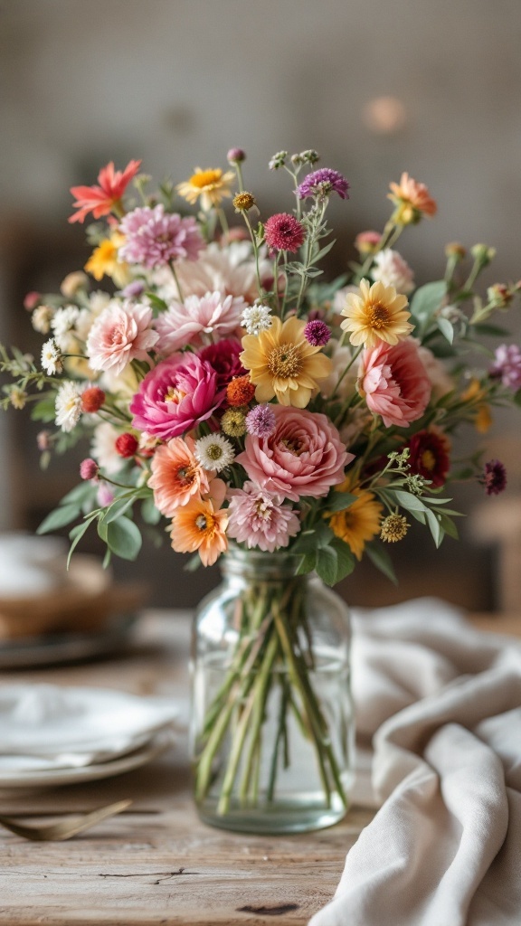 Bouquet de fleurs colorées dans un vase en verre sur une table en bois