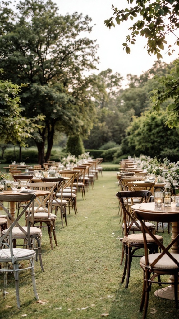 Table de mariage avec des chaises vintage et des décorations florales.