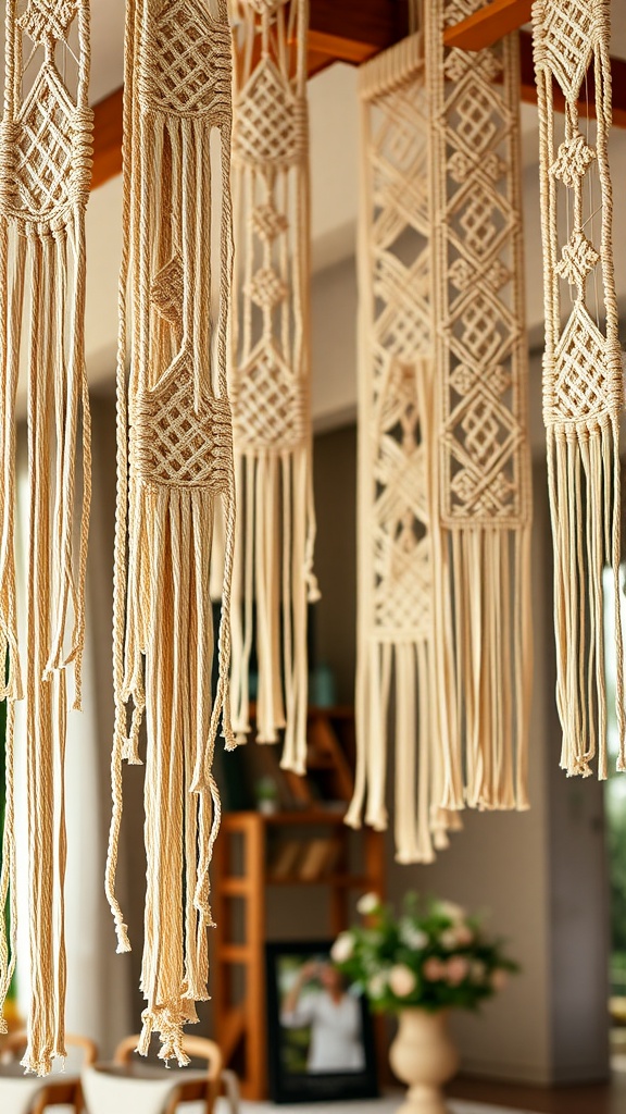 Suspensions en macramé pour la décoration de mariage bohème chic.