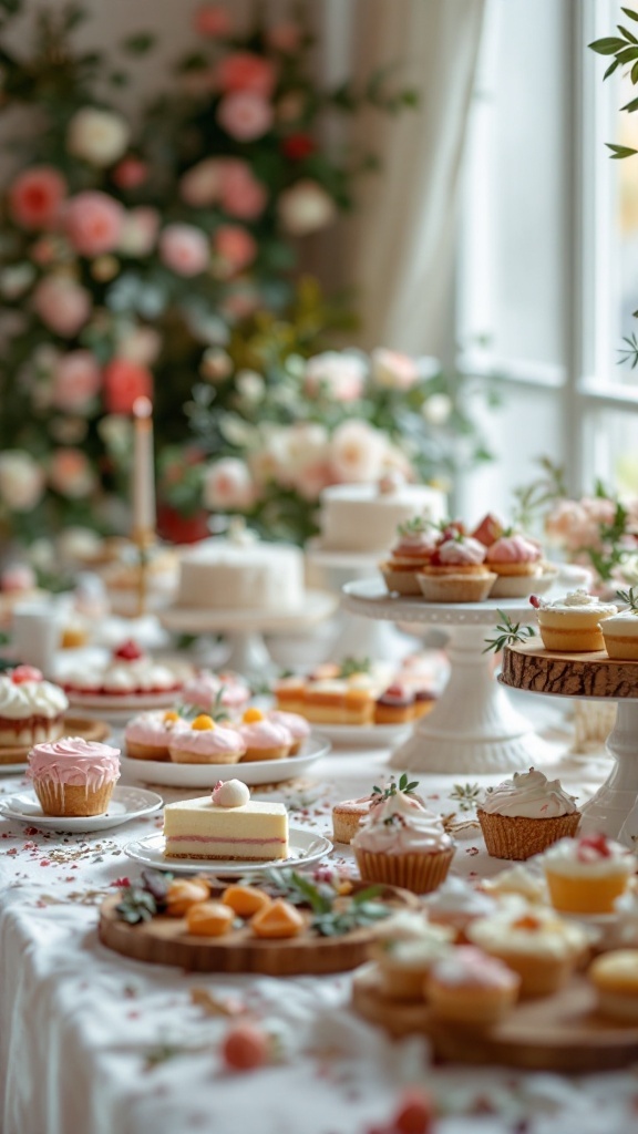 Table de desserts élégants pour un mariage avec gâteaux et cupcakes.