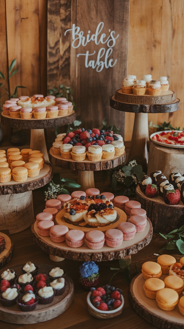 Desserts variés sur des plateaux en bois, parfaits pour un mariage bohème chic.