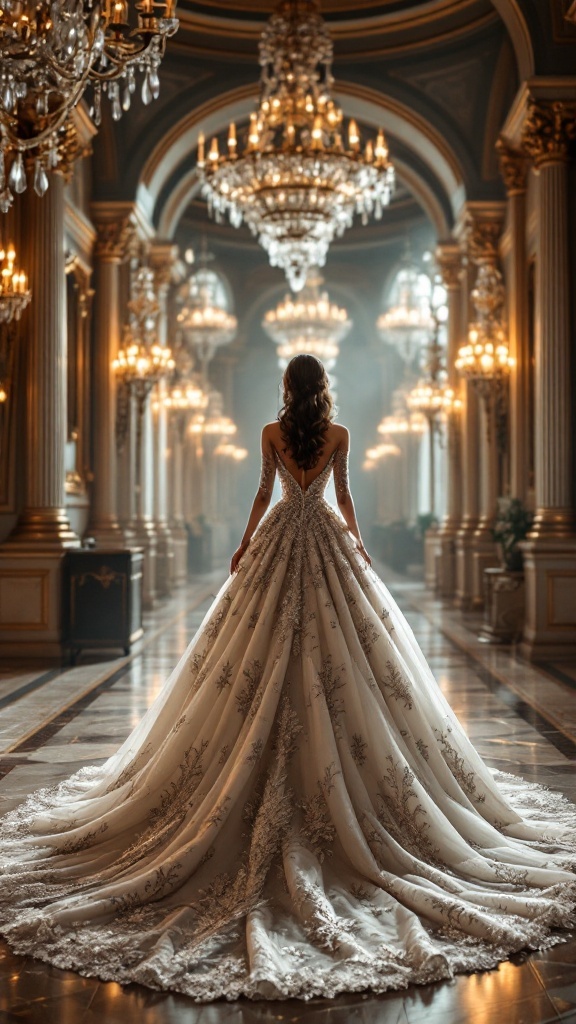 Une mariée de dos dans une robe de bal élégante avec une longue traîne, se tenant dans un lieu majestueux.