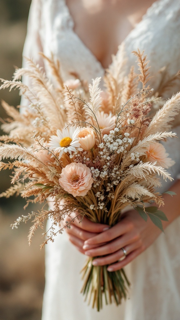Bouquet de fleurs sèches et herbes sauvages, parfait pour un mariage champêtre
