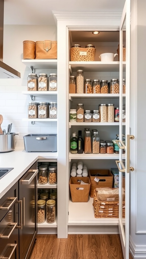 A modern pantry with organized shelves containing various food items in clear containers and labeled jars.