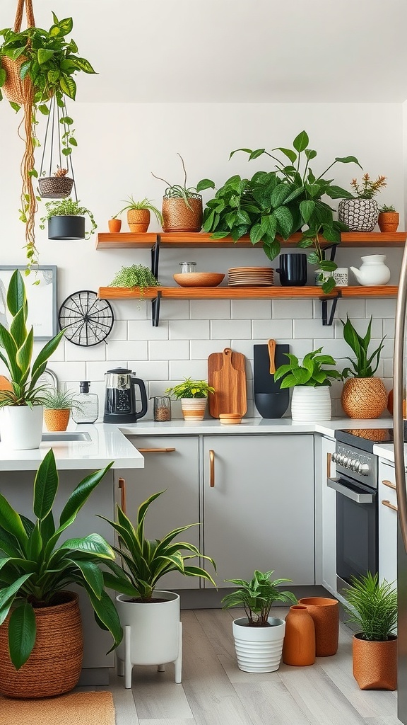 A modern kitchen decorated with various indoor plants and greenery.