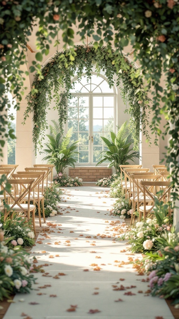 Guirlandes de feuillage suspendues décorant un espace de mariage