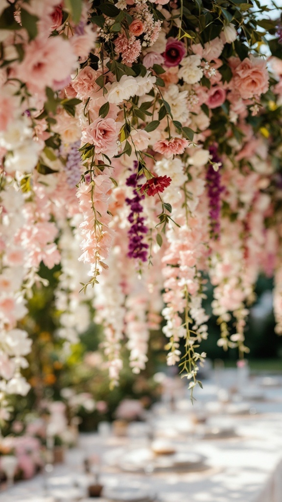 Guirlandes de fleurs suspendues pour un mariage bohème chic