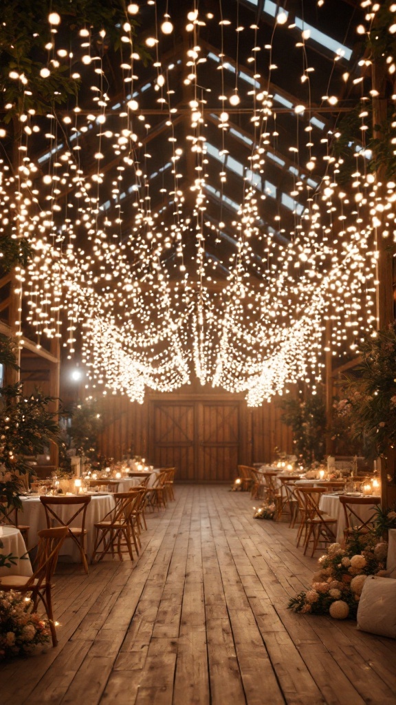 Une salle de mariage décorée avec des guirlandes de lumières suspendues, créant une ambiance chaleureuse.