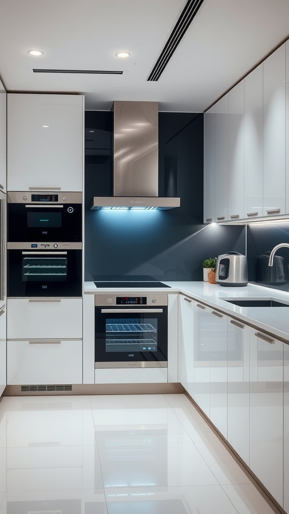 A modern kitchen featuring integrated smart appliances with sleek design.