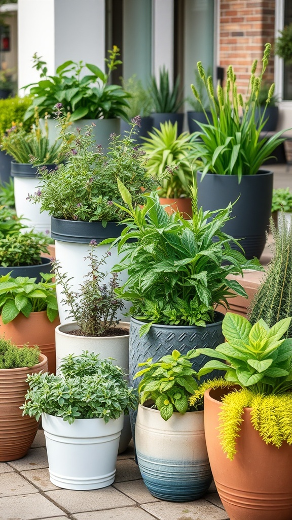 Différents pots de jardin avec des herbes aromatiques.