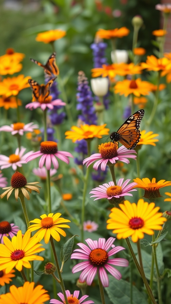 Un jardin coloré avec des fleurs de différentes sortes, attirant des abeilles.