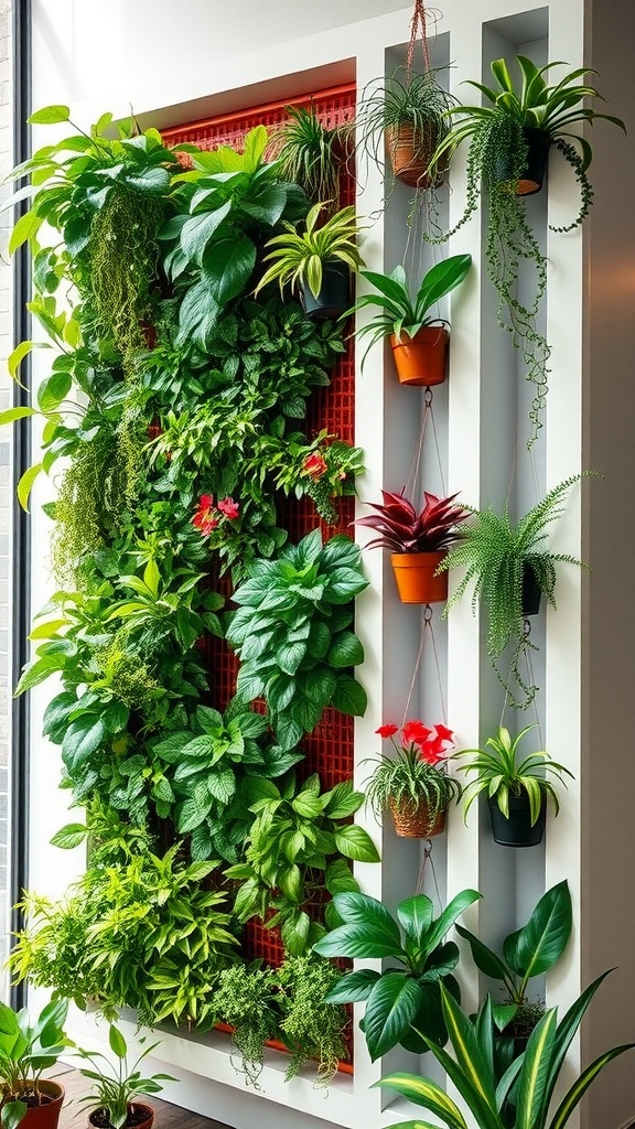 Jardin vertical moderne avec plantes suspendues dans un espace intérieur