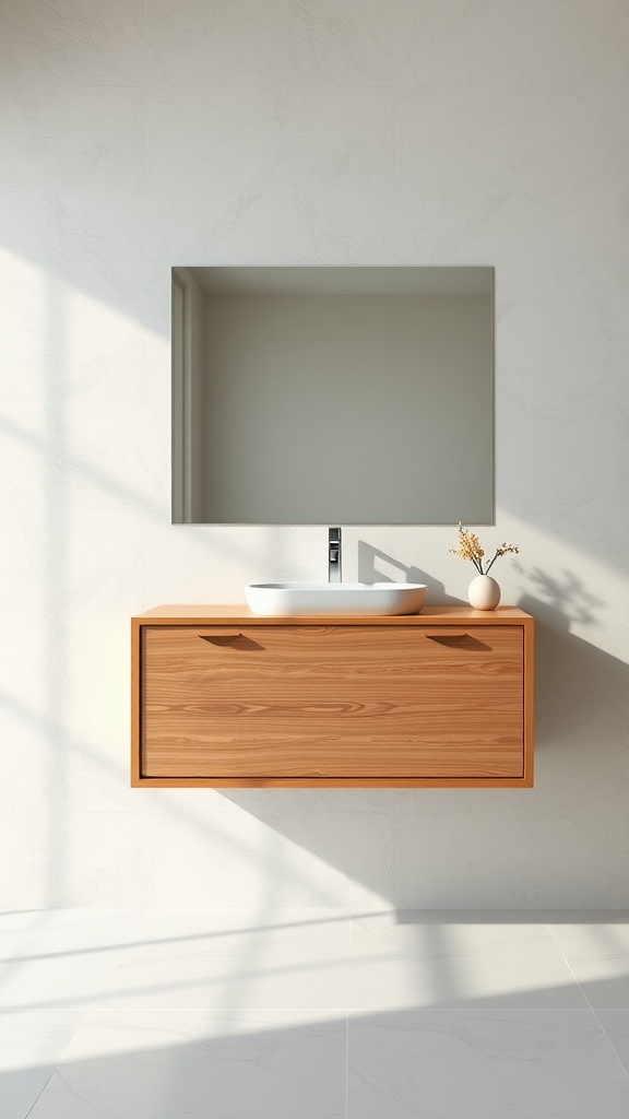 Meuble de salle de bains flottant en bois avec lavabo blanc et miroir