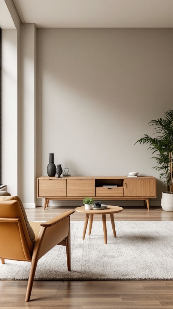 Salon moderne avec meubles minimalistes en bois, incluant une table basse et un meuble TV.