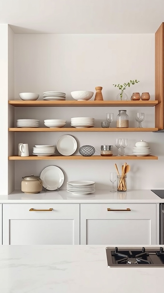 A minimalist kitchen featuring open shelving with plates and glassware.