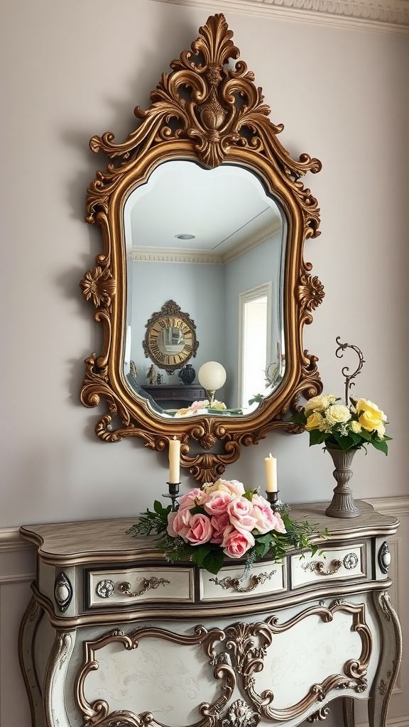 Miroir baroque au-dessus d'une console avec des bougies et des fleurs