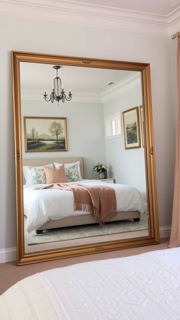 Chambre parentale moderne avec un grand miroir reflétant le lit et la décoration