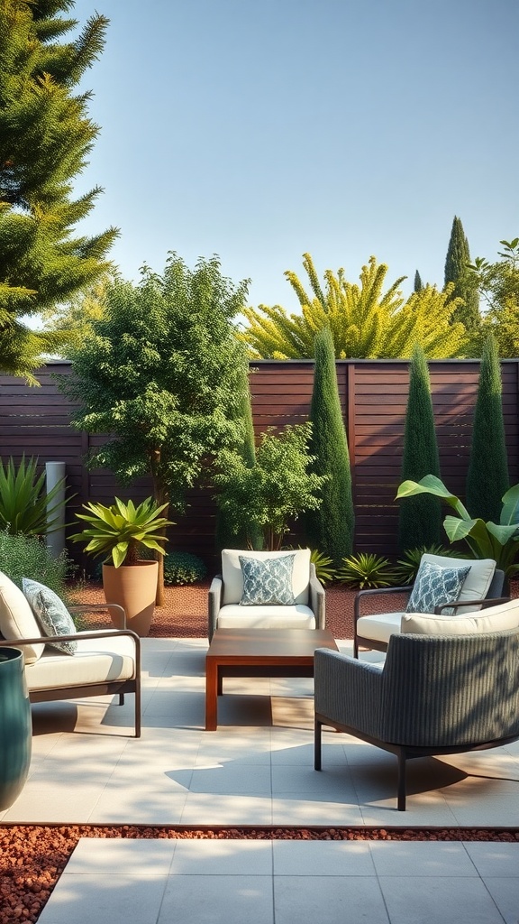 Mobilier de jardin moderne avec des chaises confortables et une table en bois dans un jardin bien entretenu.