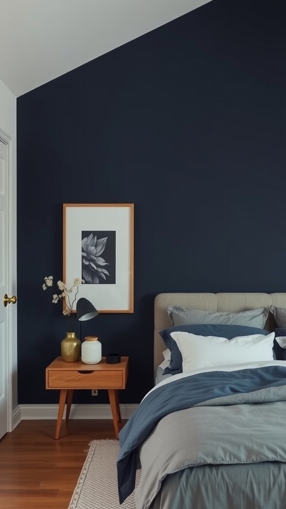 Chambre avec un mur bleu nuit et des éléments décoratifs naturels.