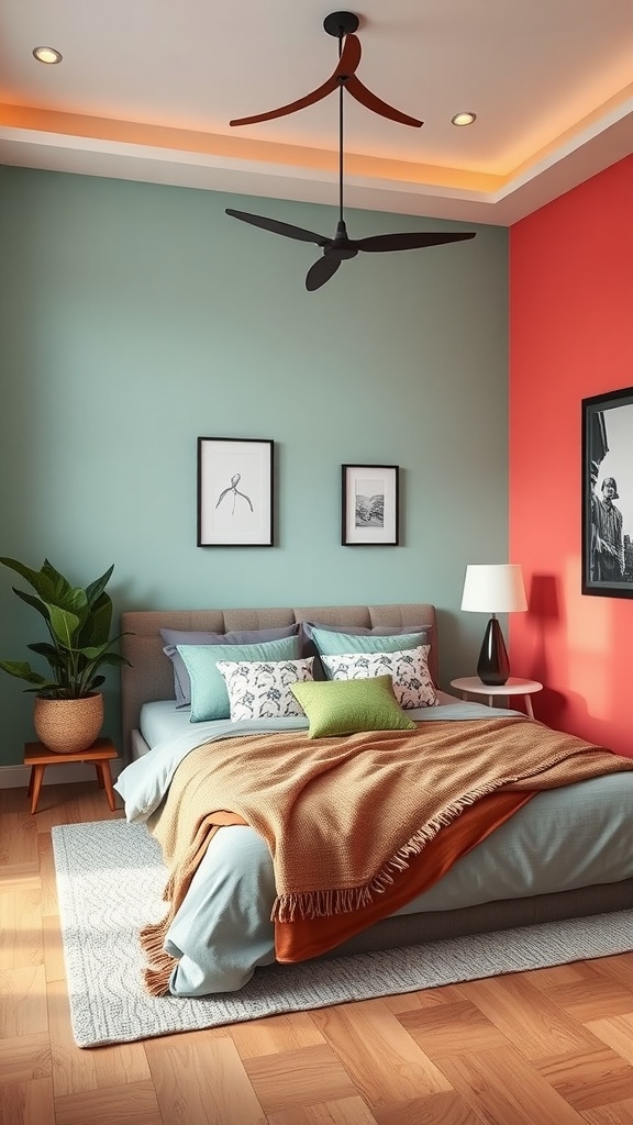 Chambre avec un mur d'accent rouge et un mur vert, décorée avec des éléments modernes.