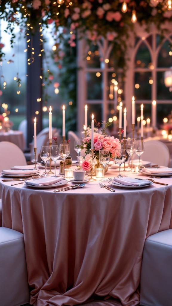 Table de mariage avec nappes en soie et vaisselle délicate