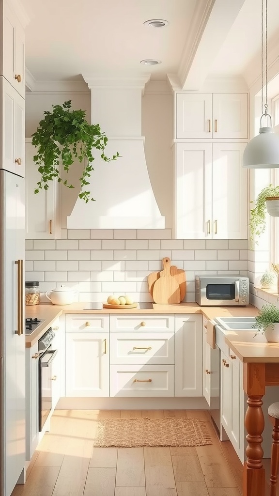 A modern kitchen featuring neutral colors, wooden accents, and a plant.