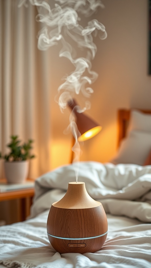 Un diffuseur d'huiles essentielles en bois sur une literie douce, diffusant de la vapeur dans une chambre chaleureuse.