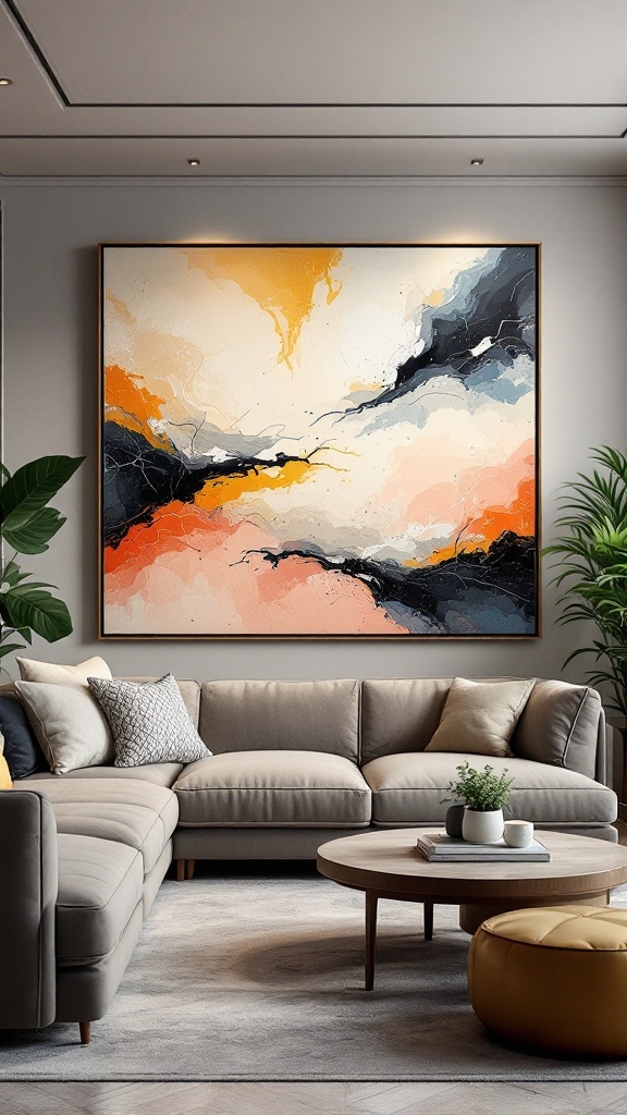 Un salon moderne avec un canapé beige, une table basse ronde, et une grande œuvre d'art abstrait aux couleurs orange, noir et pastel.