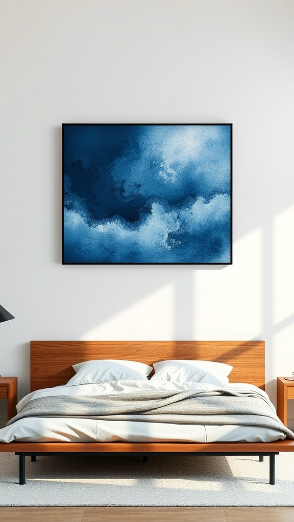 Oeuvre d'art abstraite en bleu accrochée au mur au-dessus d'un lit en bois