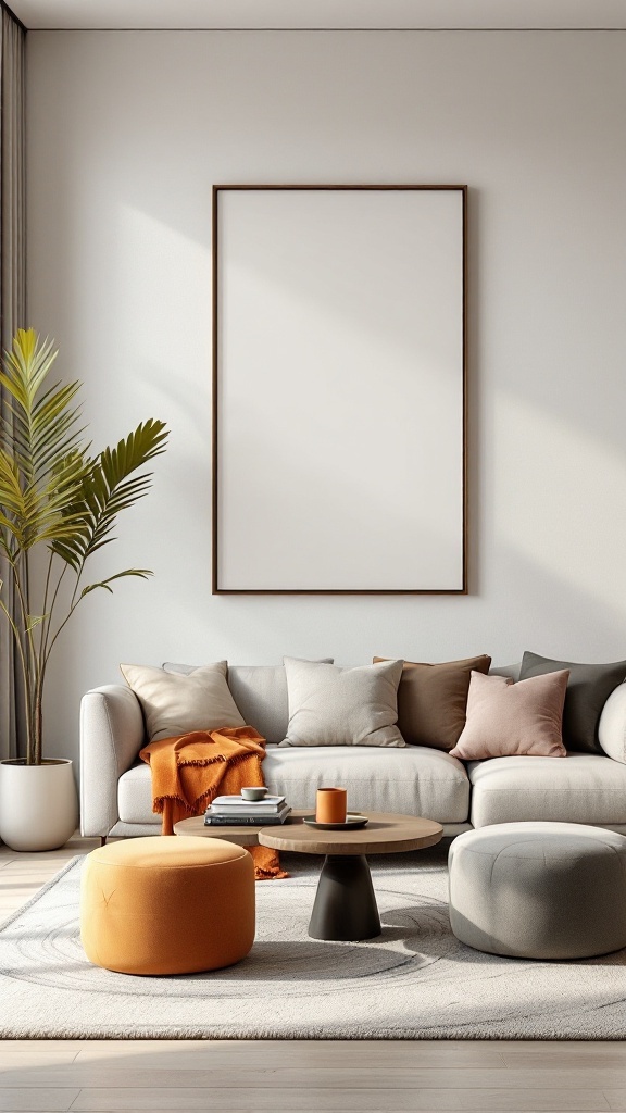 Salon moderne avec canapés aux teintes neutres, accessoires colorés, et plante d'intérieur.