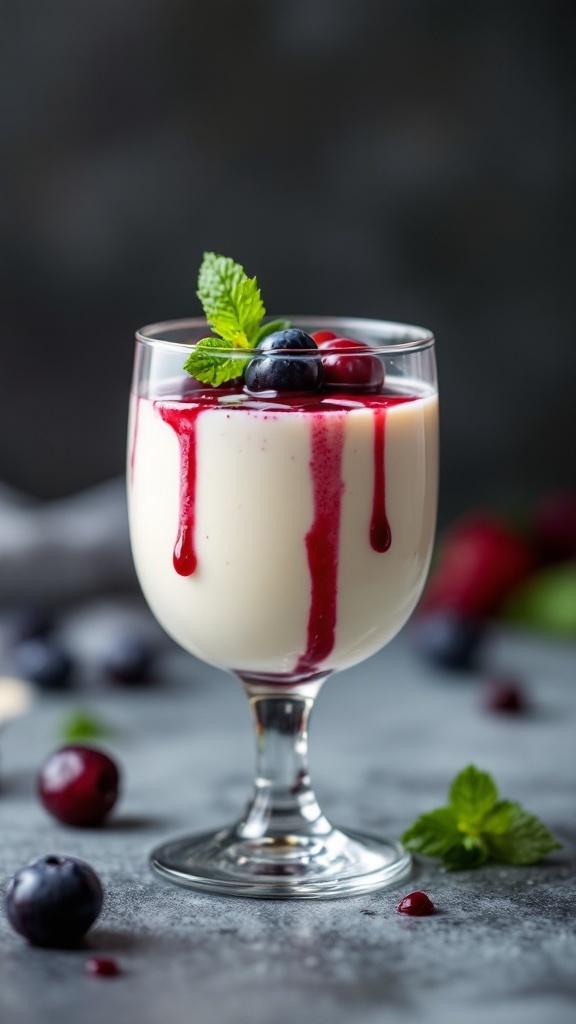 Dessert de panna cotta à la vanille avec des fruits et de la menthe
