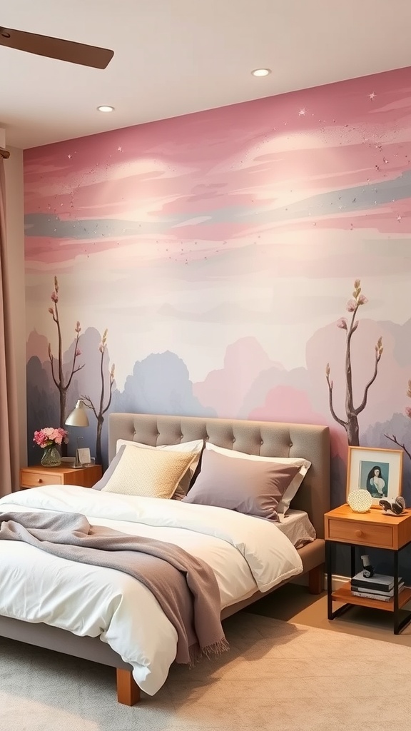 Chambre parentale cocooning avec une peinture murale de montagnes et cactus