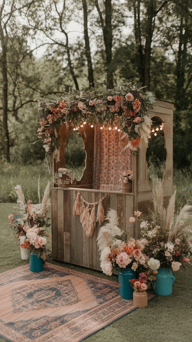 Photobooth avec des fleurs colorées et des rideaux, idéal pour un mariage bohème chic.