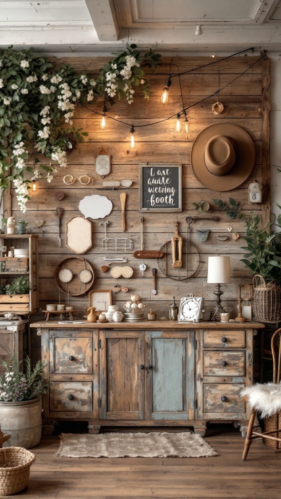 Photobooth rustique avec des accessoires vintage pour un mariage champêtre