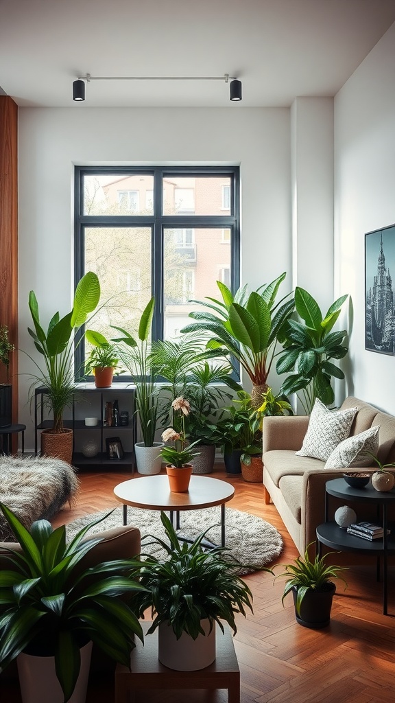 Un salon moderne décoré avec différentes plantes vertes.