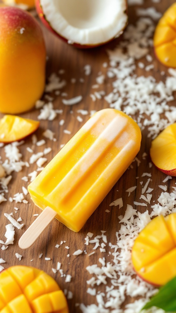 Popsicles à la mangue et à la noix de coco sur une surface en bois avec des morceaux de mangue et de noix de coco autour.